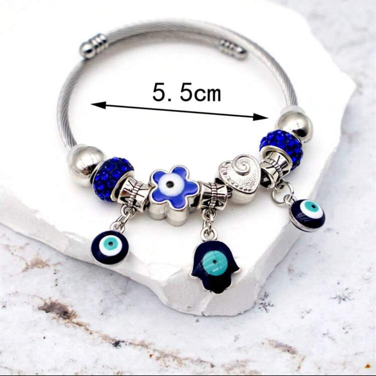 Zuri  Z1027 Stainless Steel Bracelet With Heart, Star & Palm Shaped Charm, Blue Stars, Full Rhinestone & Evil Eye Design Jewellery For Women, Ideal Gift