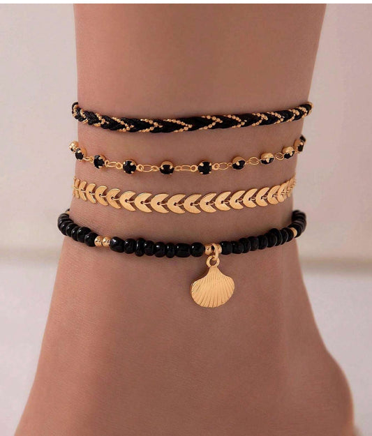 Zuri Anklet  Z1014  4pcs/Set Fashion Zinc Alloy Rhinestone Decor & Metal Shell Anklet For Women