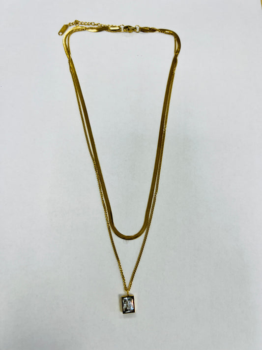 Double Gold Plated Square Diamante Stone Necklace Chain