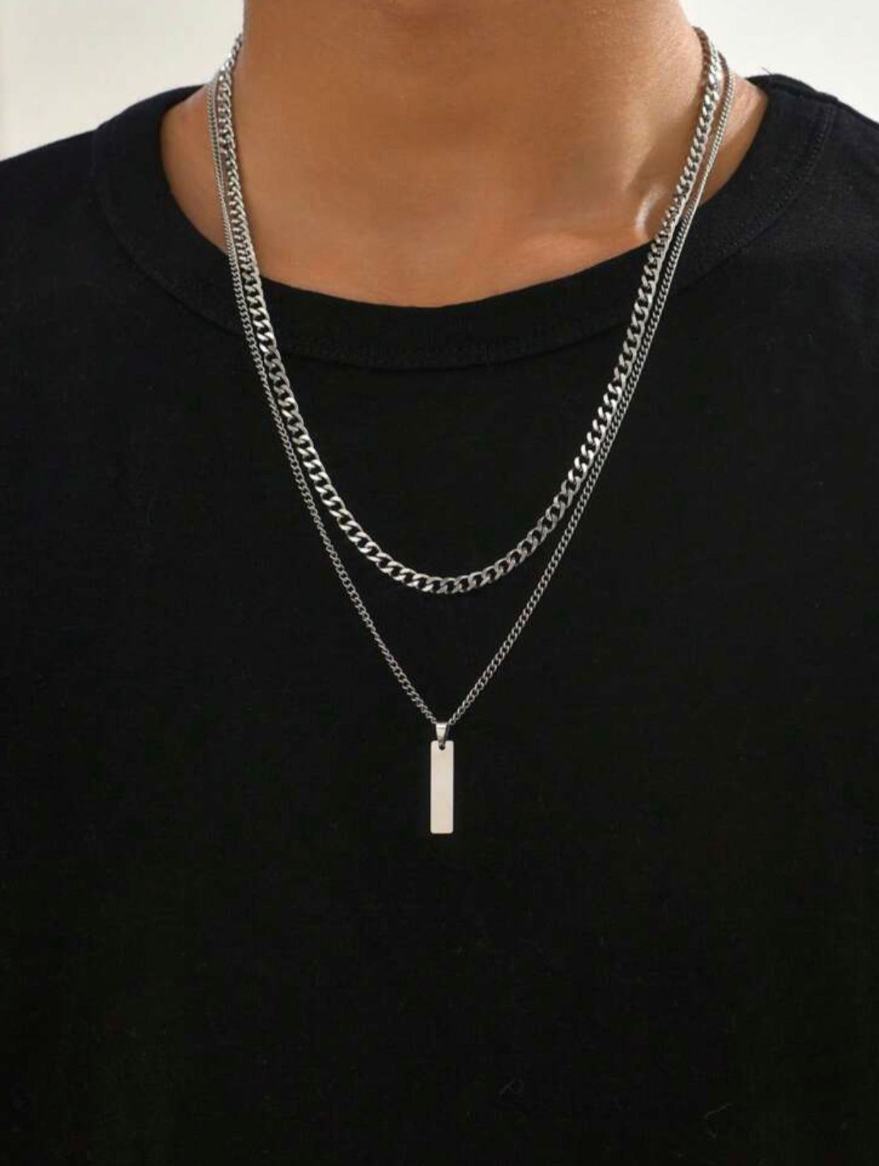 Stainless Steel Men's 2pcs Fashion Rectangle Charm Necklace For Z116