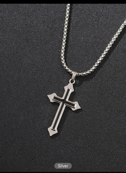 Zuri sliver and Black Cross Pendant Necklace  Z328 For Men