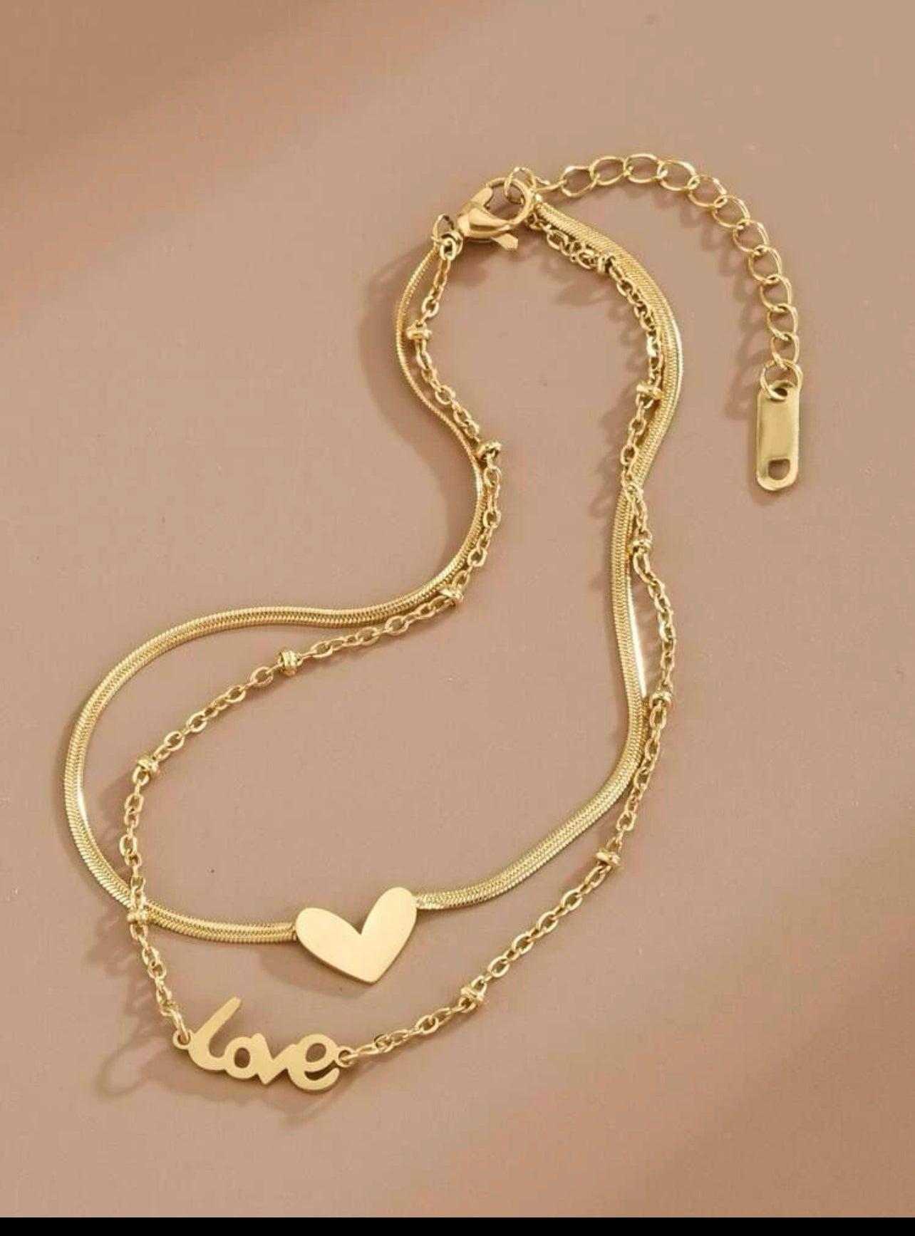 Zuri Double Gold Plated Heart & Letter Decor Layered Anklet Z104