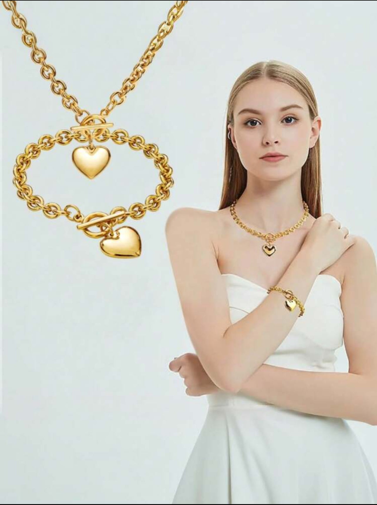 Zuri  Z1019 2pcs/Set 18K Gold Plated Bracelet Necklace Charm Chunky Stainless Steel Chain Heart Toggle.