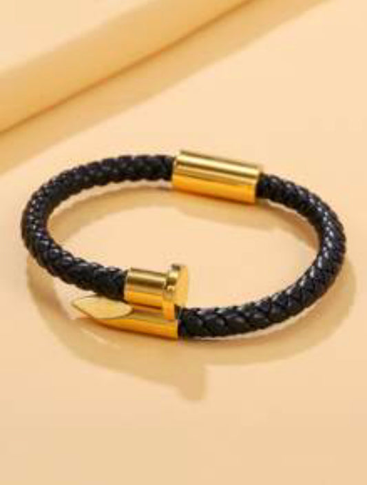 Zuri men Popular Men Nail Design Bracelet Stainless Steel gold brown leather for Jewelry Z322