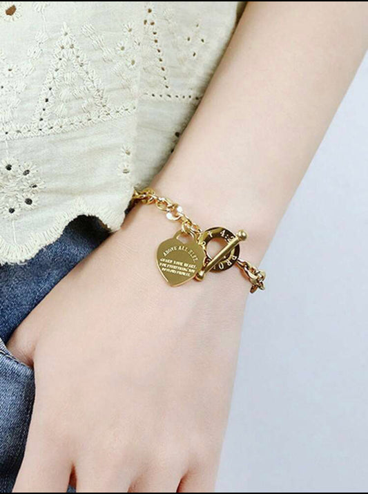 Zuri Gold 18k Stainless Steel Slogan Graphic Heart Charm OT Buckle Bracelet For Women Z118
