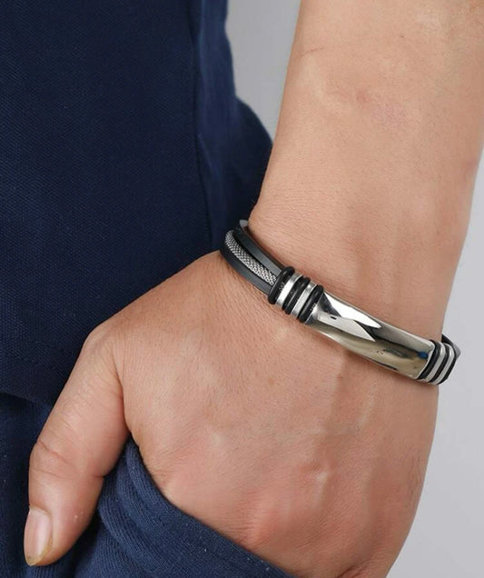 Zuri Z301 and Popular 1pc Men Metal Decor Bracelet, Stainless Steel and black rubber Jewelry  and for a Stylish Look Z301