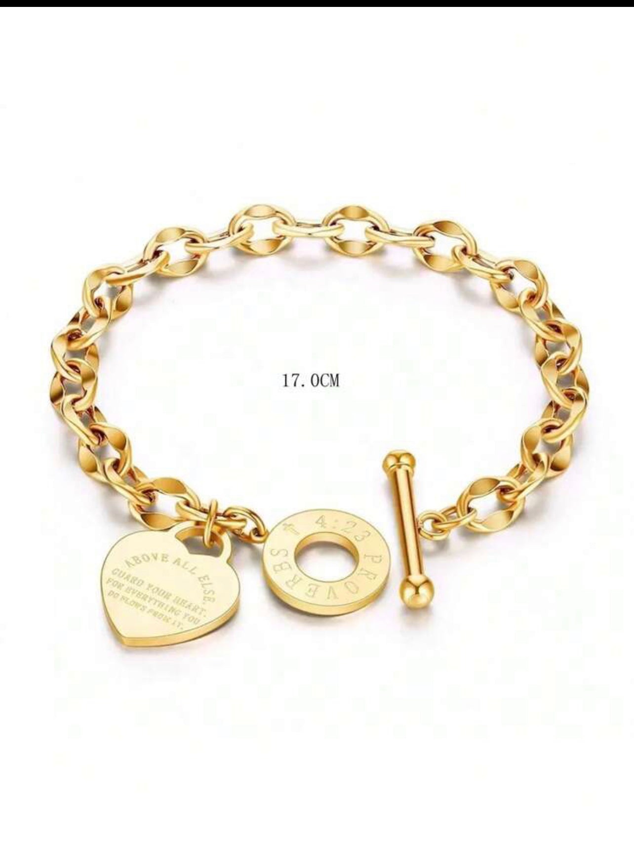 Zuri Gold 18k Stainless Steel Slogan Graphic Heart Charm OT Buckle Bracelet For Women Z118