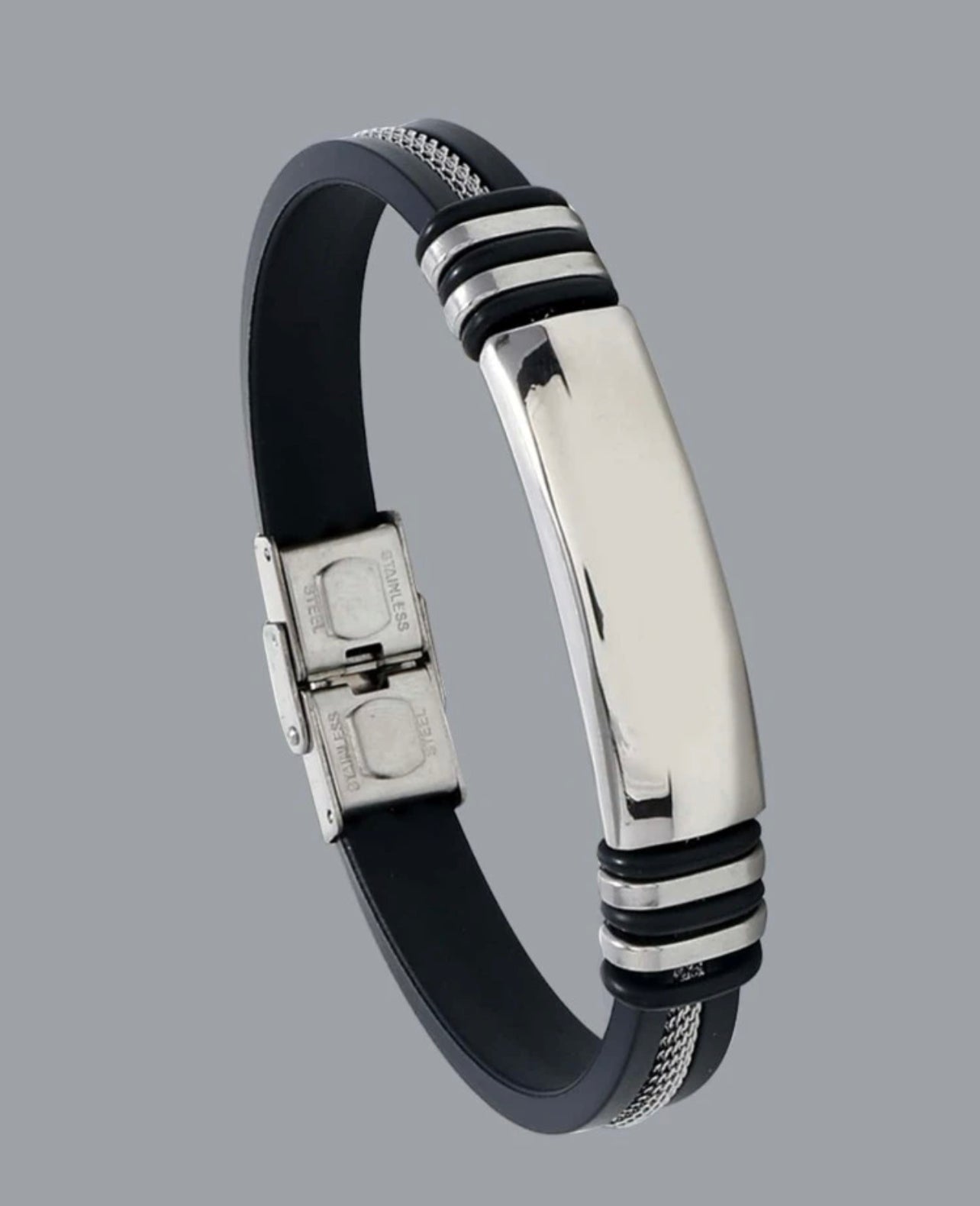 Zuri Z301 and Popular 1pc Men Metal Decor Bracelet, Stainless Steel and black rubber Jewelry  and for a Stylish Look Z301