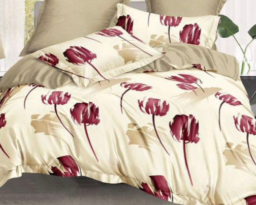 Cream Maroon Floral Complete Bed Sheets Set