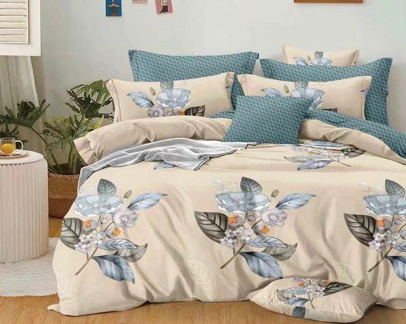 Cream Stone Blue Floral Complete Bed Sheets Set