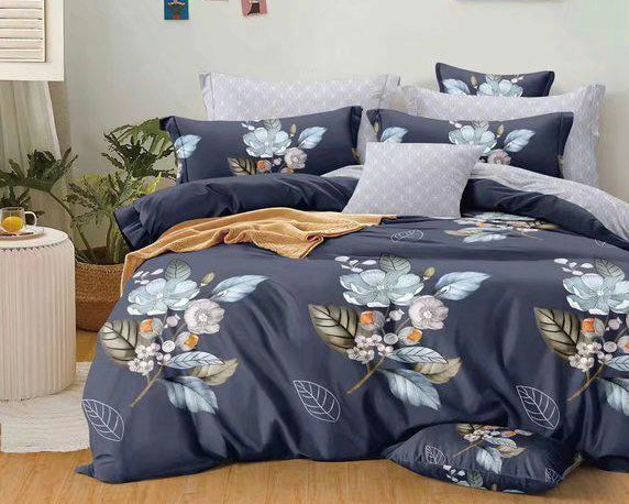 Denim Blue With Stone Blue Floral Bed Sheet