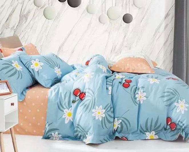 Sky Blue Red Cherries Complete Bed Sheets Set