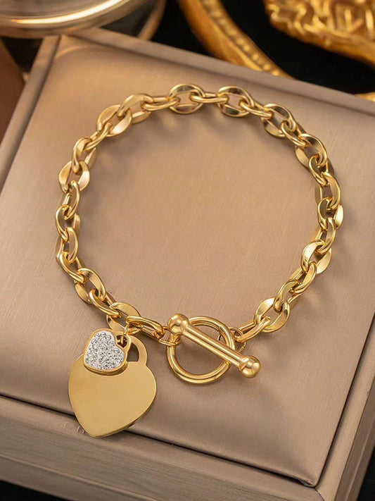 18K Gold Plated Diamante Two Heart Shaped Bracelet