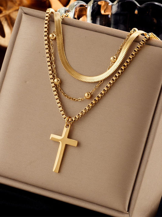 Multi Layered Cross Pendant Titanium Steel Necklace